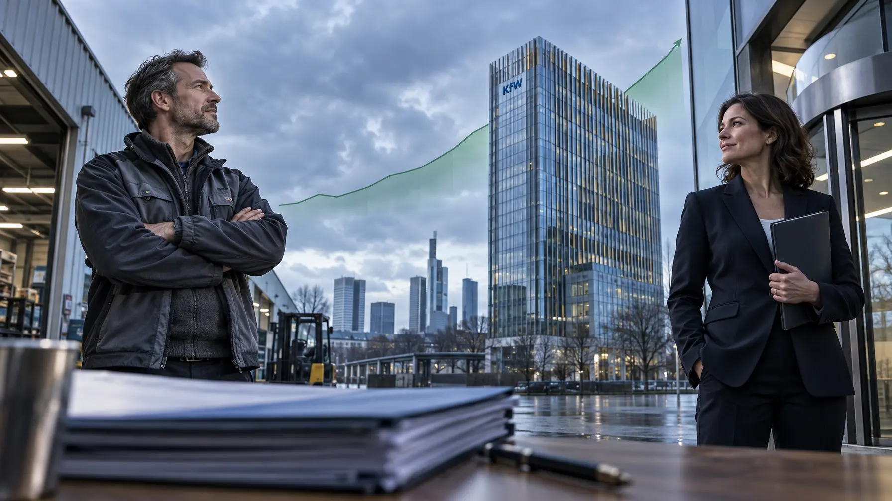 Montage mit der KfW-Zentrale in Frankfurt im Zentrum, einem Mittelstandsunternehmer links und einer Bankberaterin rechts bei kühlem, bewölktem Tageslicht.