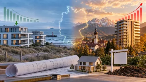 Split-Bild: Neubau an der Nordseeküste in Blau links, Neubau in bayerischer Alpenregion in warmem Licht rechts.