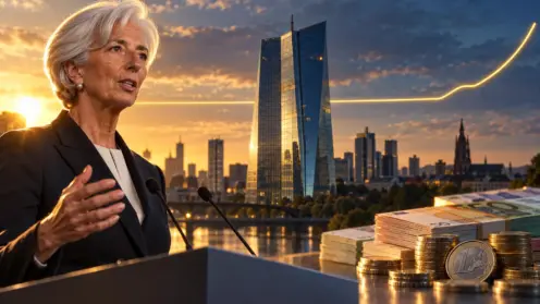 Fotomontage mit EZB-Präsidentin Christine Lagarde, dem Eurotower in Frankfurt und einer ansteigenden Kurslinie.