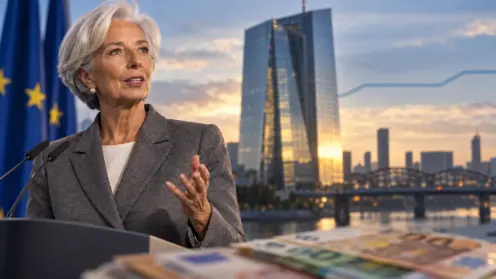 Christine Lagarde spricht an einem Rednerpult vor dem unscharfen Eurotower-Gebäude in Frankfurt.
