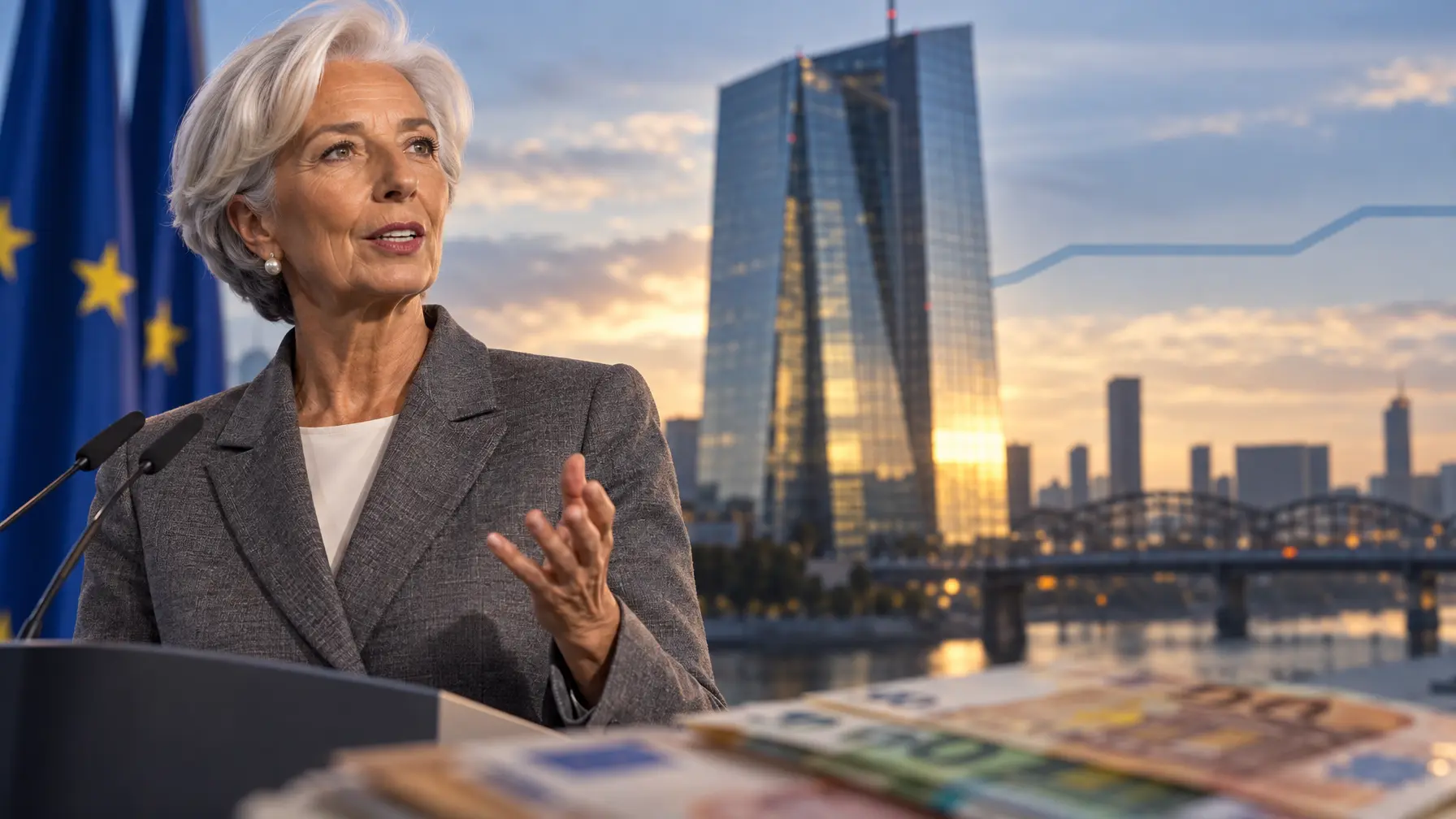 Christine Lagarde spricht an einem Rednerpult vor dem unscharfen Eurotower-Gebäude in Frankfurt.