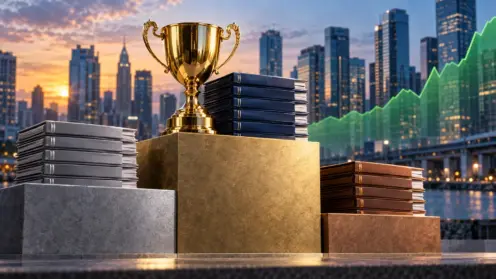 Symbolisches Siegerpodest aus Aktenstapeln mit goldener Trophäe vor Bankenskyline und grüner Kursfläche.