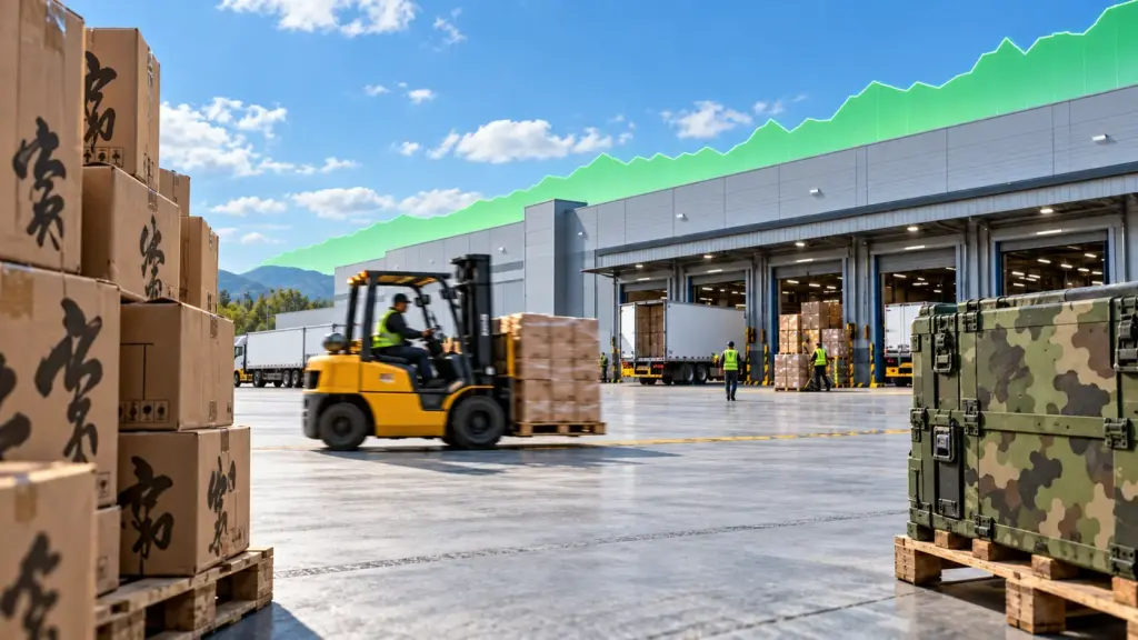 Montage aus Logistikhalle bei Tageslicht, Versandkartons und Militärkiste vor steigender grüner Kurve.