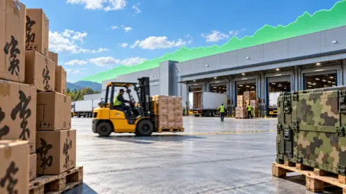 Montage aus Logistikhalle bei Tageslicht, Versandkartons und Militärkiste vor steigender grüner Kurve.