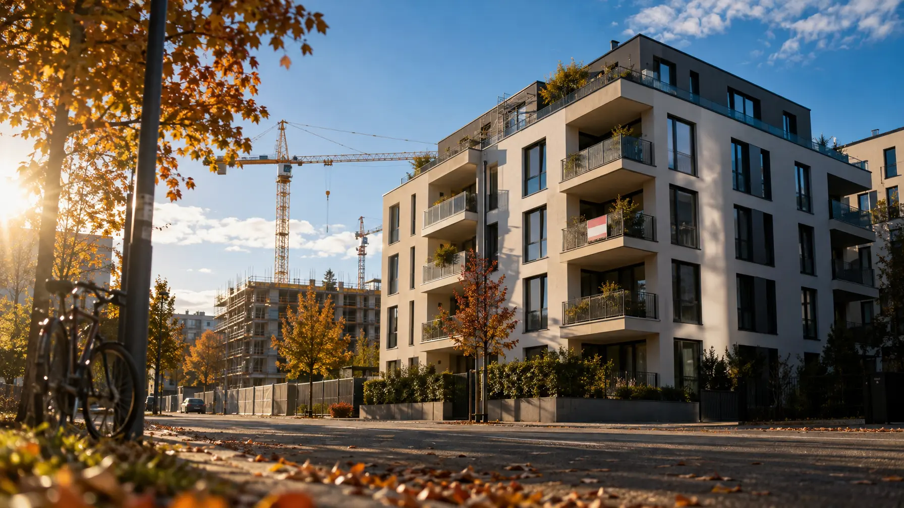 Modernes Mehrfamilienhaus mit Balkonen im warmen Herbstlicht, im Hintergrund ragt ein Baukran über eine Neubaustelle.