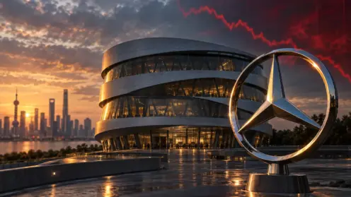 Mercedes-Benz-Museum in Stuttgart mit Mercedes-Stern im Vordergrund und angedeuteter fallender Kurve im Hintergrund.