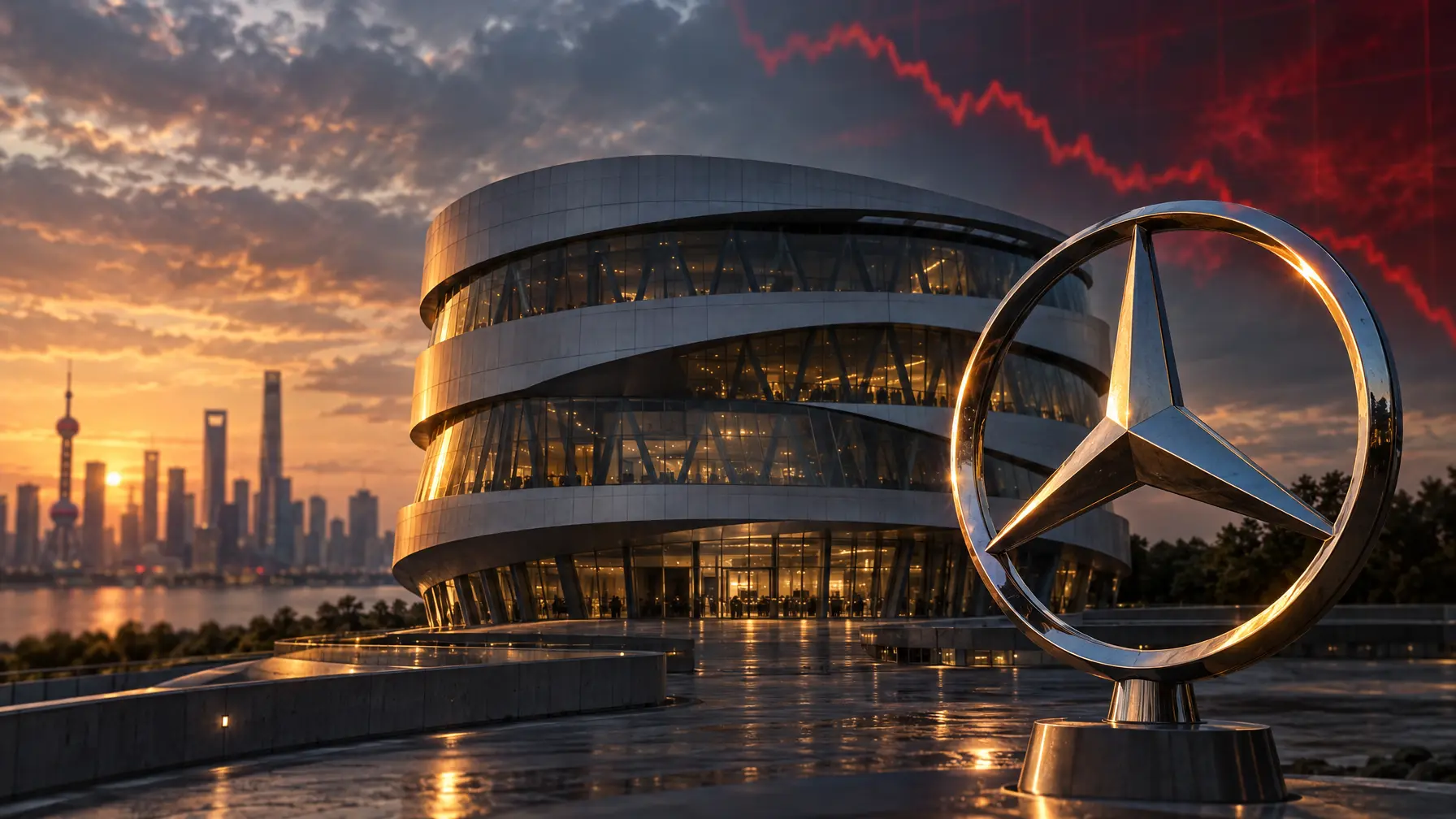 Mercedes-Benz-Museum in Stuttgart mit Mercedes-Stern im Vordergrund und angedeuteter fallender Kurve im Hintergrund.