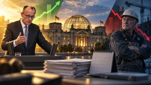 Montage: Kanzler Merz am Rednerpult neben einem Arbeiter, im Hintergrund das Reichstagsgebäude und gegenläufige Kurven.