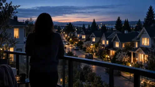 Person blickt abends von einem Mietbalkon auf eine Straße mit warm beleuchteten Einfamilienhäusern.