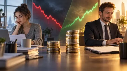 Montage zeigt Frau und Mann am Schreibtisch, ungleiche Münzstapel und gegenläufige rote und grüne Kurven.
