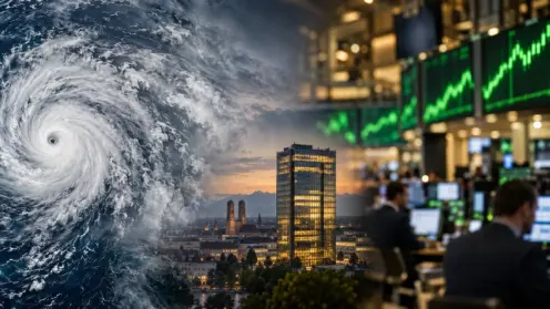 Montage aus abziehender Sturmfront, Börsenparkett mit grünen Kurslichtern und Munich-Re-Gebäude als Symbolbild.