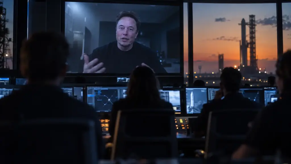 Elon Musk auf einem Bildschirm während einer Videokonferenz, im Hintergrund ein Kontrollraum von SpaceX