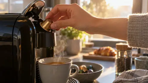 Eine Hand legt eine Nespresso-Kapsel im warmen Morgenlicht in eine Kaffeemaschine.