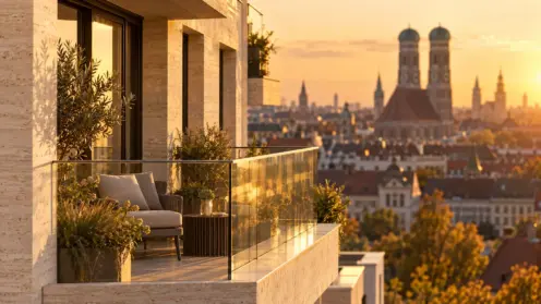 Edler Neubau-Balkon mit Natursteinfassade, im Hintergrund die Türme der Frauenkirche im Abendlicht.