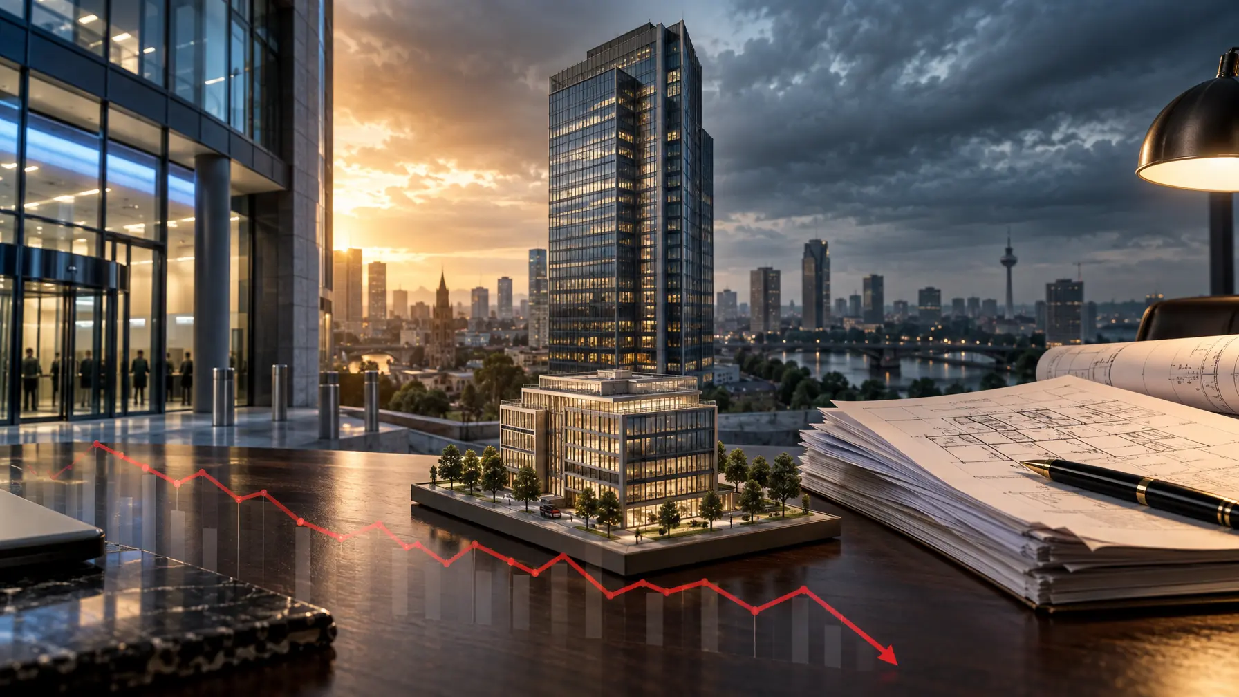 Montage aus Bankfassade, Bürohochhaus, Vertragsstapel und fallender Kurve zum Gewerbeimmobilienmarkt.