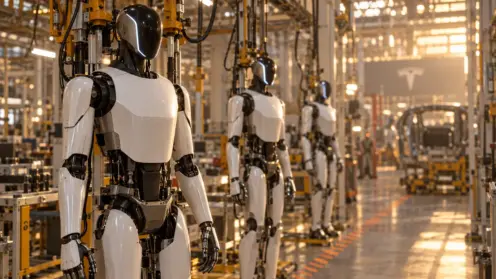 Mehrere Optimus-Roboter stehen aufgereiht an einer Fertigungslinie in einer Fabrikhalle.