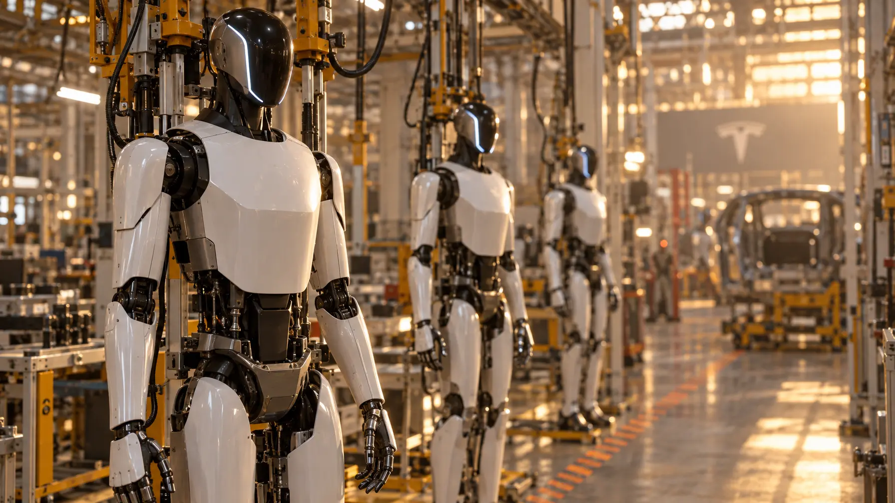 Mehrere Optimus-Roboter stehen aufgereiht an einer Fertigungslinie in einer Fabrikhalle.