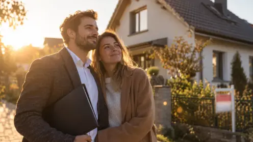 Ein Paar steht im Abendlicht mit Finanzierungsmappe vor einem Einfamilienhaus mit Verkaufsschild.