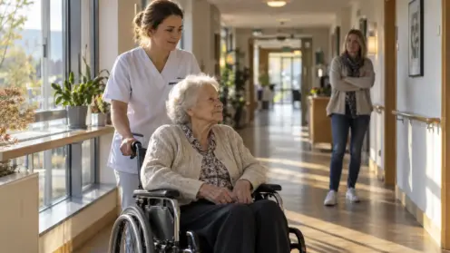 Pflegekraft begleitet Pflegebedürftigen im Rollstuhl durch einen lichtdurchfluteten Flur, Tochter wartet im Hintergrund.