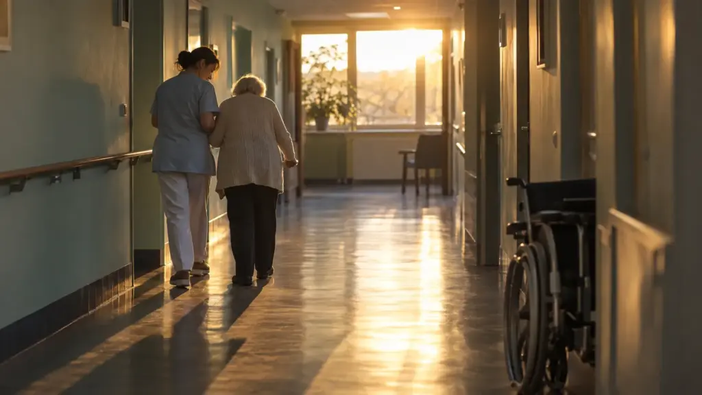Eine Pflegekraft stützt eine ältere Bewohnerin beim Gehen in einem ruhigen, fast leeren Flur eines Pflegeheims.
