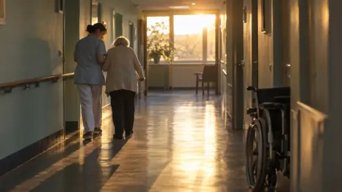 Eine Pflegekraft stützt eine ältere Bewohnerin beim Gehen in einem ruhigen, fast leeren Flur eines Pflegeheims.