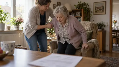 Eine Frau stützt eine ältere Angehörige beim Aufstehen in einem sonnendurchfluteten Wohnzimmer.