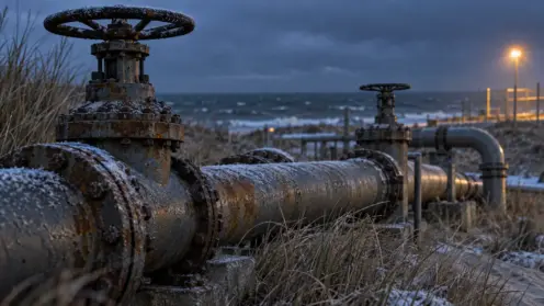 Verwitterte Pipelineventile der Nord-Stream-Anlandestation an der Ostseeküste in der blauen Stunde.