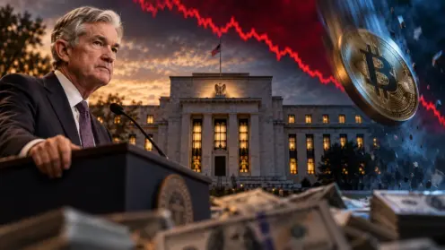 Montage mit Fed-Chef Jerome Powell, dem Fed-Gebäude und einer fallenden Bitcoin-Münze vor roter Kurve.