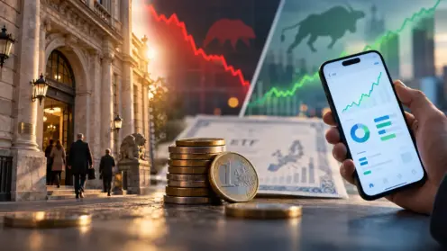 Montage aus Bankfiliaden-Fassade, Smartphone mit Depot-App und Münzstapel vor geteilter Kursfläche