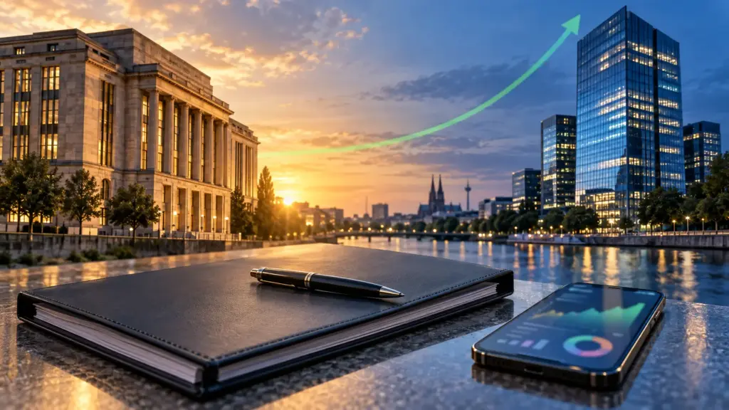 Montage aus Versicherungsgebäude und Digitalfirmen-Fassade mit Vertragsordner und Smartphone im Vordergrund