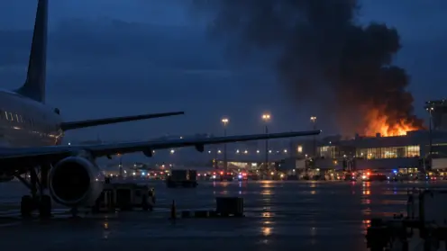Rauchsäule über dem Flughafen King Khalid in Riad bei Nacht, im Vordergrund ein Passagierflugzeug.