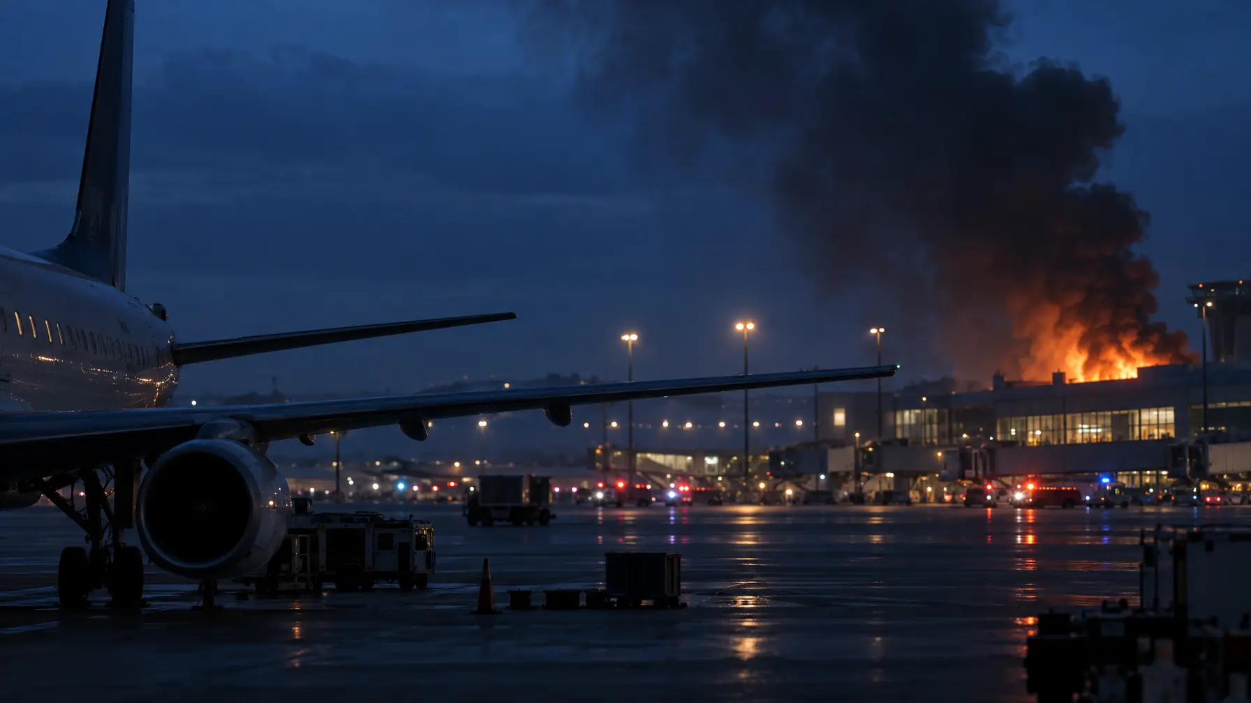 Rauchsäule über dem Flughafen King Khalid in Riad bei Nacht, im Vordergrund ein Passagierflugzeug.