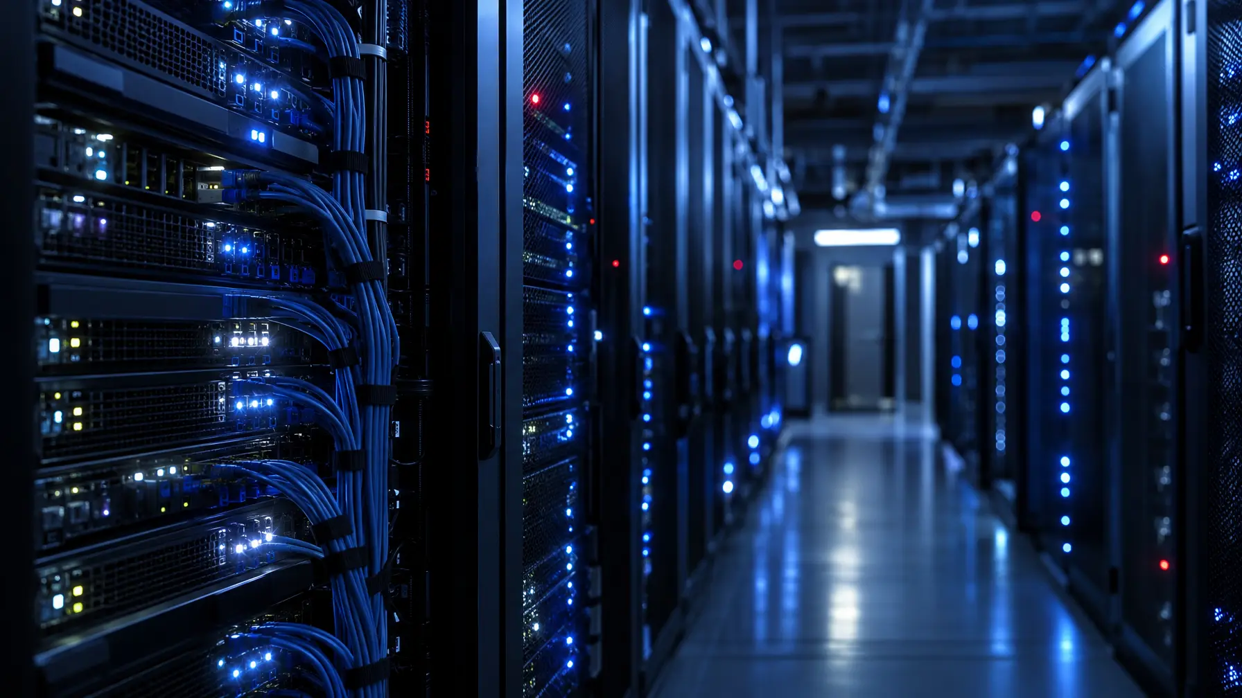 Reihen von Server-Racks mit blauen LED-Lichtern in einem dunklen Rechenzentrum.