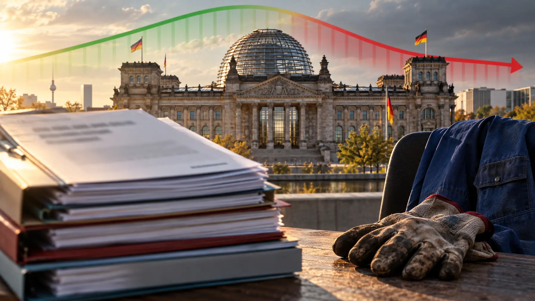 Reichstagsgebäude mit Aktenstapel und Arbeitskleidung im Vordergrund, Kursfläche von Grün zu Rot im Hintergrund