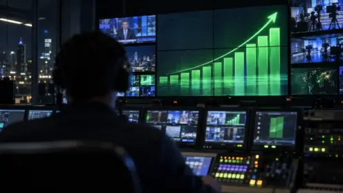 Fernsehregieraum bei Nacht mit Monitorwand, die eine ansteigende grüne Umfragekurve zeigt.