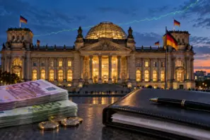 Der Reichstag in Berlin bei Dämmerung mit Euro-Scheinen und einer Dokumentenmappe im Vordergrund und einer steigenden grünen Linie im Hintergrund.