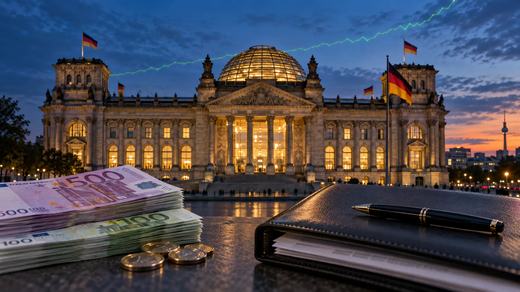 Der Reichstag in Berlin bei Dämmerung mit Euro-Scheinen und einer Dokumentenmappe im Vordergrund und einer steigenden grünen Linie im Hintergrund.