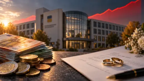 Montage aus Rentenversicherungsgebäude, Geldscheinstapel, Ehevertrag mit Ringen und roter Kostenkurve.