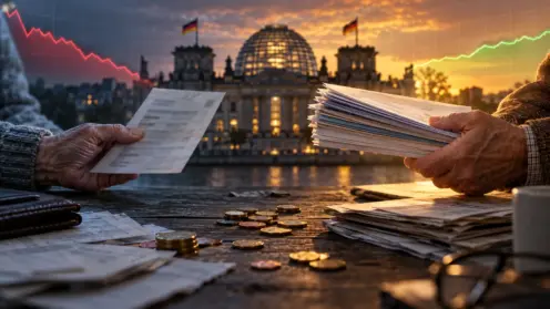 Montage: dünner Rentenbescheid in Frauenhand links, dicker Bescheid in Männerhand rechts, Reichstag im Hintergrund.