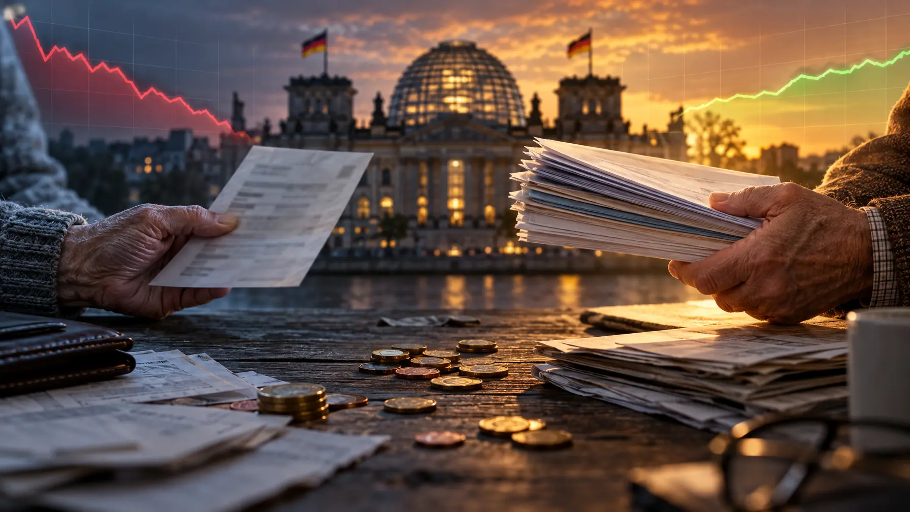 Montage: dünner Rentenbescheid in Frauenhand links, dicker Bescheid in Männerhand rechts, Reichstag im Hintergrund.