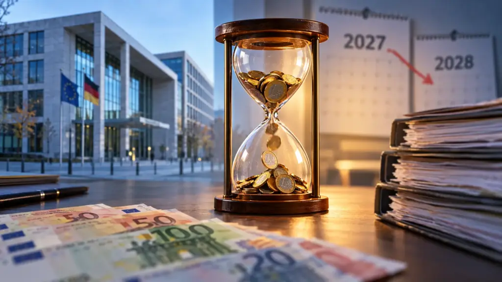 Behördengebäude, Stundenglas mit Euromünzen und Aktenstapel symbolisieren die Wartezeit bis zur Mütterrente-Nachzahlung.