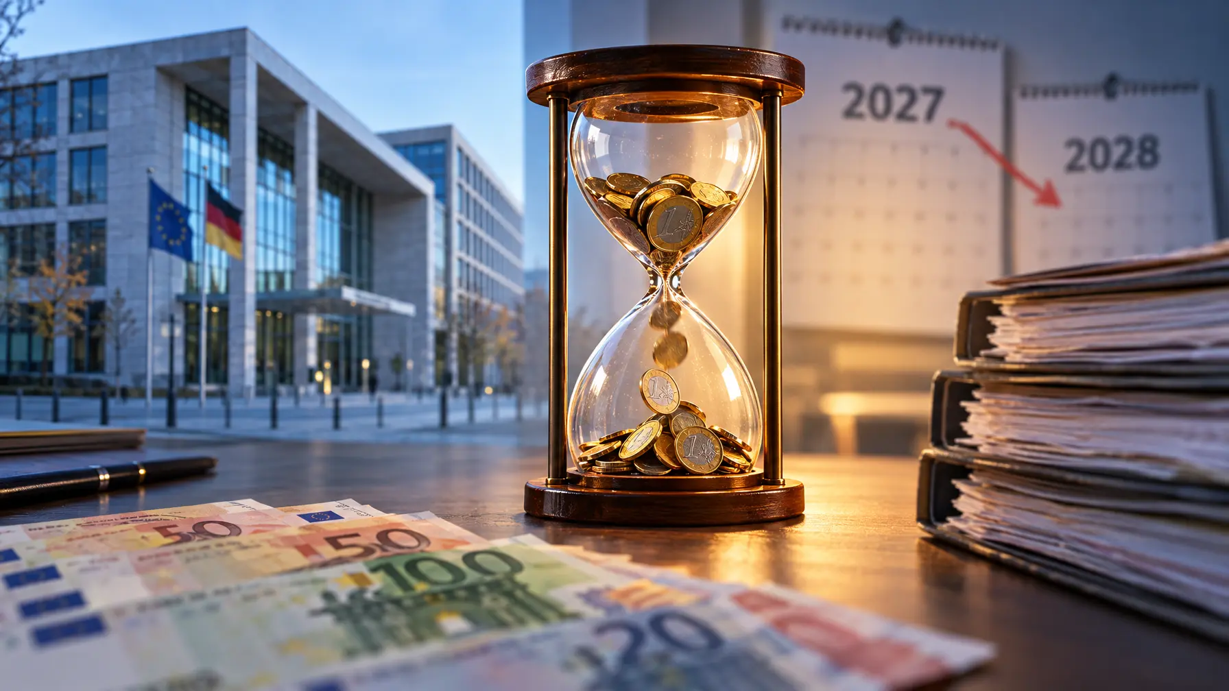 Behördengebäude, Stundenglas mit Euromünzen und Aktenstapel symbolisieren die Wartezeit bis zur Mütterrente-Nachzahlung.