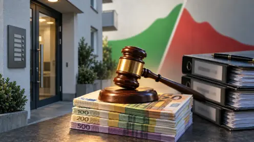 Richterhammer auf Euro-Scheinen zwischen Mietshaus-Eingang und Vertragsordnern vor grün-roter Kursfläche