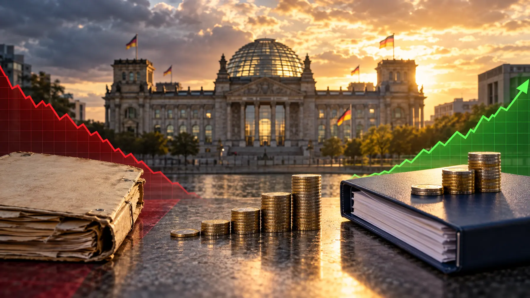 Montage mit Reichstagskuppel, altem Riester-Ordner und neuem Vorsorge-Ordner mit Euromünzen, links fallende, rechts steigende Grafikfläche.