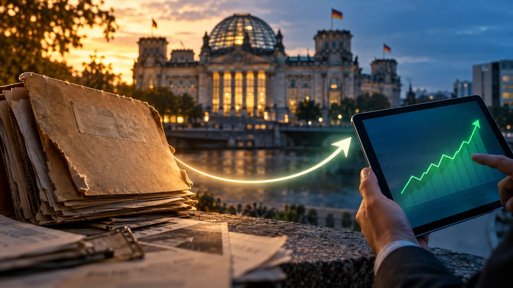 Montage aus altem Papierordner und digitalem Tablet mit steigender Kurve vor der Reichstagskuppel in Berlin.
