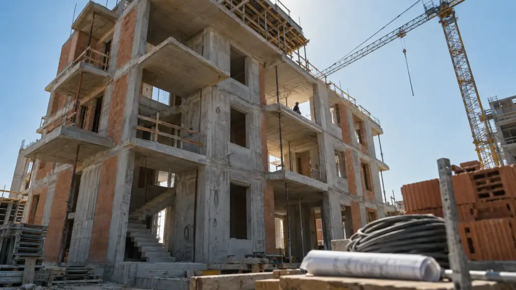 Rohbau eines mehrstöckigen Mehrfamilienhauses mit unverputzten Wänden und Fensteröffnungen ohne Glas im Gegenlicht.