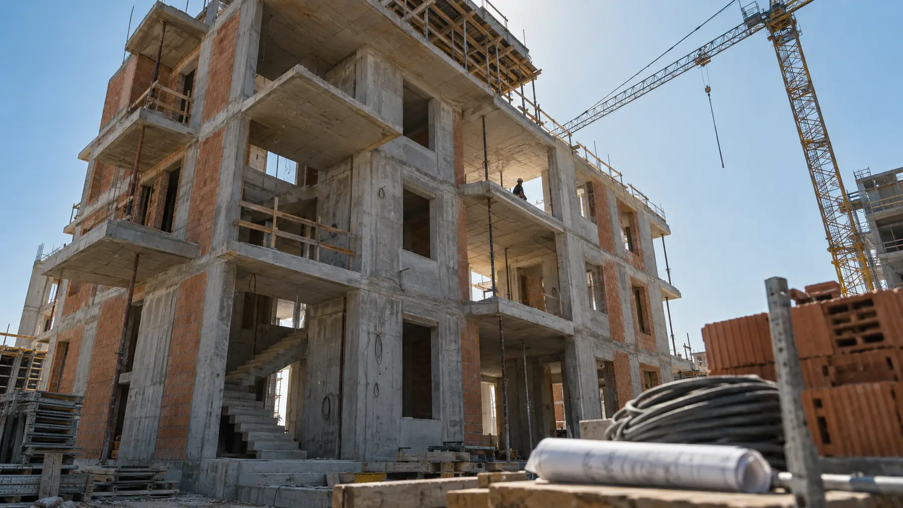 Rohbau eines mehrstöckigen Mehrfamilienhauses mit unverputzten Wänden und Fensteröffnungen ohne Glas im Gegenlicht.