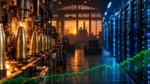 Montage aus Rüstungsfertigung, Rechenzentrum und steigender Kurve als Symbol für die Wachstumstreiber der deutschen Industrie.