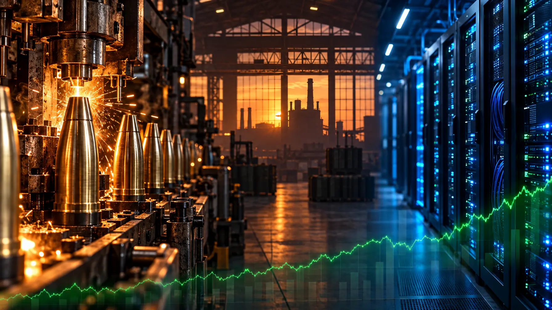 Montage aus Rüstungsfertigung, Rechenzentrum und steigender Kurve als Symbol für die Wachstumstreiber der deutschen Industrie.