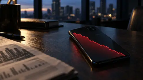 Ein Samsung-Smartphone liegt auf einem dunklen Holztisch, im Gegenlicht zeigt das Display eine steil fallende rote Aktienkurve.